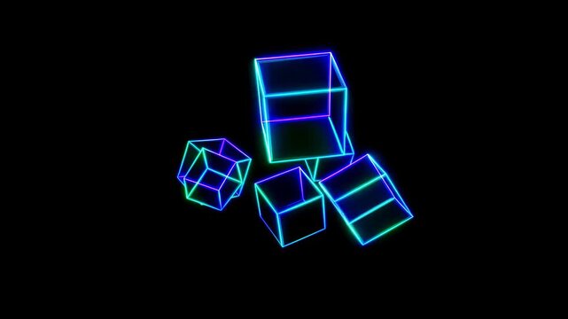 Neon glowing wireframe cubes rotate and float against a black background. Cubes pulse and move closer and apart, creating dynamic motion for graphic design and digital art projects.