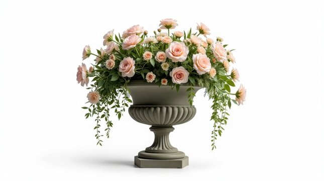 Elegante urna sobre pedestal, llena de abundantes plantas con flores que se desbordan de forma natural por los bordes