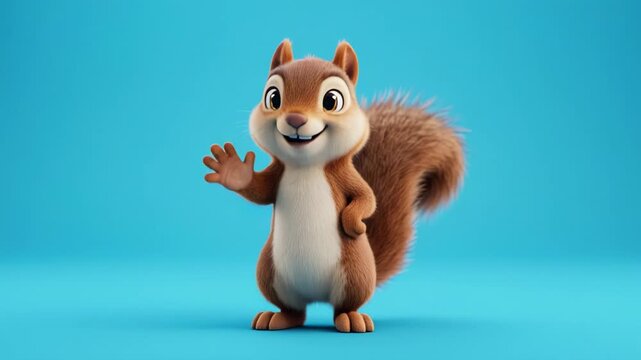 Cute cartoon squirrel waving hello in a bright blue studio with gentle side lighting