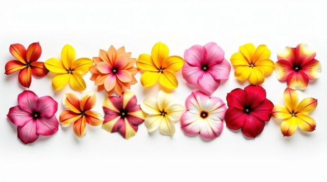 Flores tropicales reci&eacute;n cortadas dispuestas en filas paralelas sobre un fondo blanco continuo