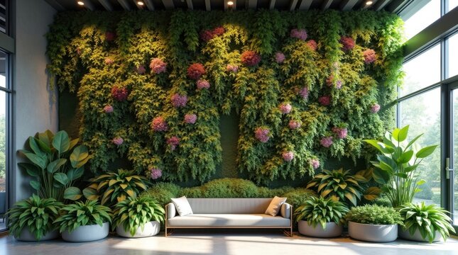 Instalaci&oacute;n bot&aacute;nica vertical moderna de interior que rodea un sof&aacute;