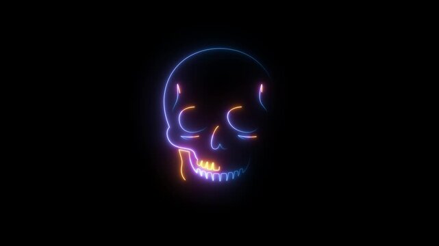 Neon skull outline in blue orange and purple on a black background