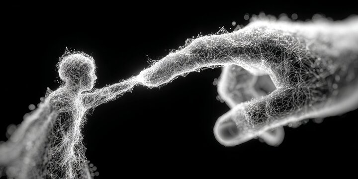Digital human figure reaching toward a giant hand made of glowing network lines, representing connection, technology