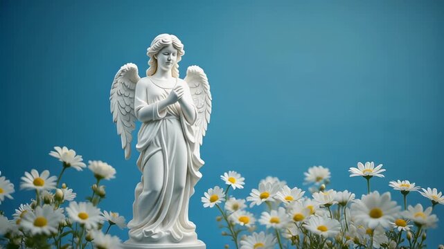 Angel statue with daisies in soft studio lighting for spiritual concepts