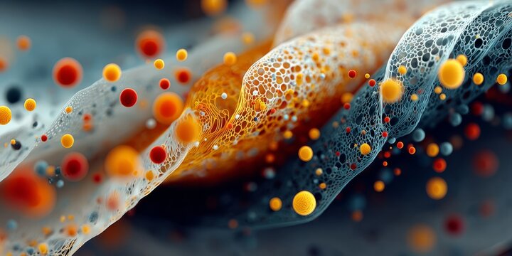 Abstract cellular membranes with floating orange and red particles, representing biotechnology, molecular science