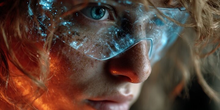 Closeup portrait of a person wearing futuristic transparent glasses with glowing blue reflections, representing digital vision,