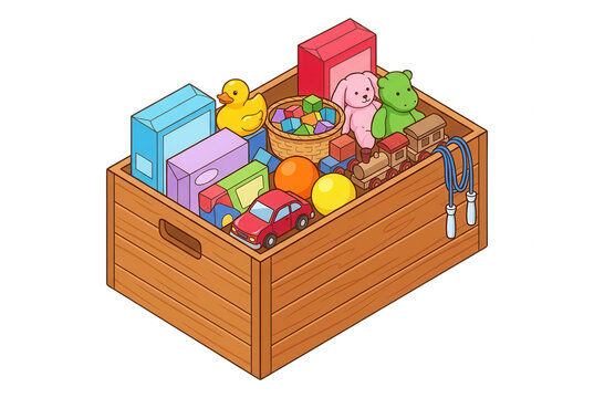 子供部屋の木箱に整理されたカラフルなおもちゃのコレクションのアイソメトリックイラスト。ぬいぐるみ、ミニカー、積み木、ボール、縄跳びなどが木製の収納ボックスに詰め込まれた、遊び心のある整理整頓のコンセプトデザイン。