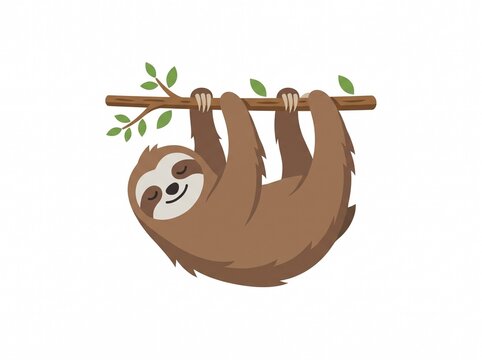 Sloth hanging upside down, flat 2D vector art, relaxed posture, solid white background.