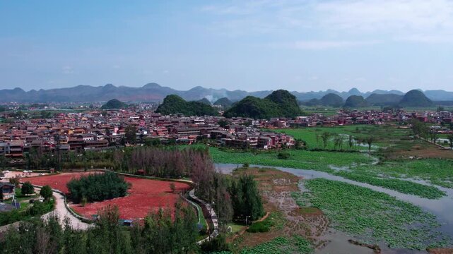 A serene rural scene featuring lotus ponds, dense trees, village buildings, and karst hills under a clear blue sky.