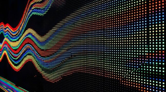 Abstract colorful led screen digital data waves and pixel pattern texture