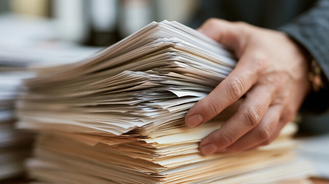stack of documents on desktop, office 
