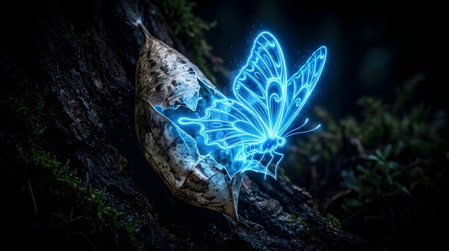 Blue glowing neon butterfly emerging from a chrysalis cocoon in a dark fantasy forest setting