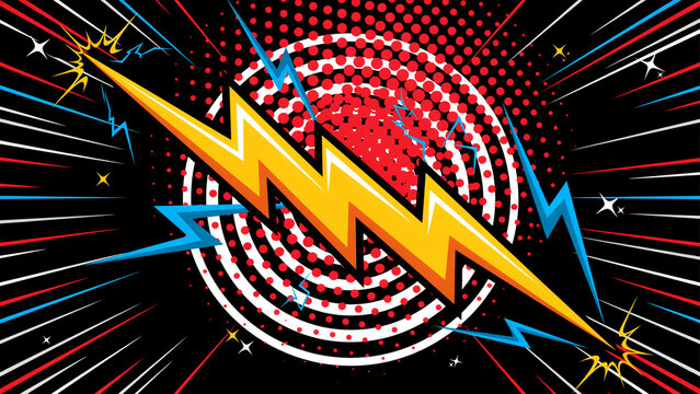 Retro comic book style yellow lightning bolt on a red and black halftone background with lightning halftone background electric illustration