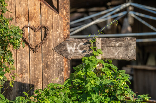 Wegweiser  h&ouml;lzernes Schild WC  mit Herz in Pfeilform vor Scheunent&uuml;r mit geflochtenem Herz und Zeltgest&auml;nge im Hintergrund in Bempflingen.