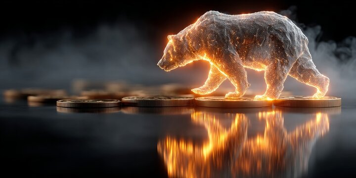 Glowing bear walking across gold coins, representing bear market, financial downturn, investment risk and declining economy