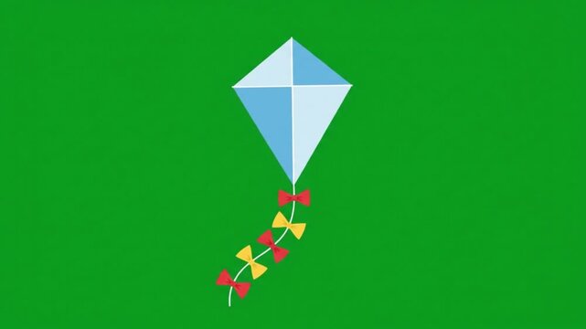 Animated flying kite with colorful bows on green screen background, for easy chroma, key compositing