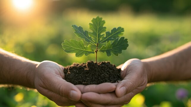 Hands holding a young oak sapling with soil and sunlight in the background.