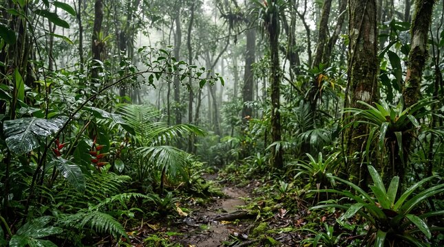 Mystical jungle path bathed in dappled sunlight with dense tropical foliage and natural greenery
