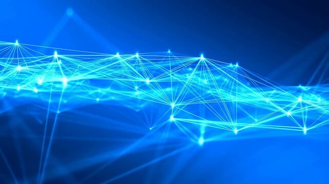 Glowing blue nodes pulse and shift as intersecting lines connect across a flowing digital mesh. Abstract background features connected nodes and intersecting lines with rhythmic movement.