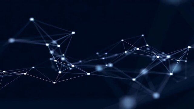 Glowing blue and white nodes connect with shifting lines forming a flowing digital network on a dark background. Animated texture shows points lines network mesh with pulsing motion.
