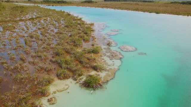 Aerial view of turquoise waters and vegetation at Los Rapidos Bacalar Mexico