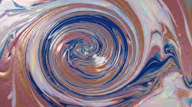 Abstract Metallic Liquid Swirl Texture with Rose Gold and Blue Glitter Spiral Pattern Background