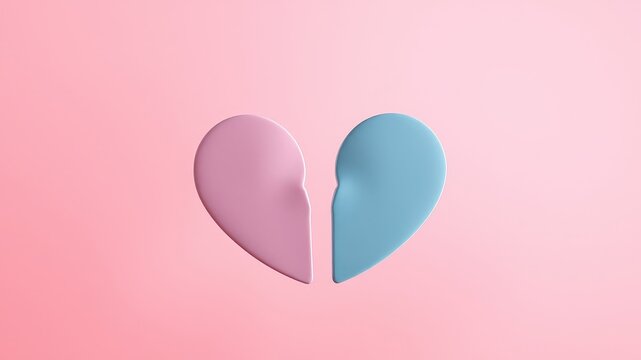 A minimalist illustration of a pink and blue heart separated into two halves on a soft pink background
