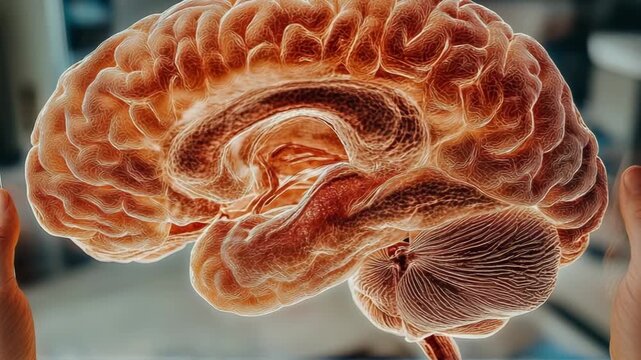 selective focus medical hologram brain pituitary gland endocrine system hormone pathways visualization growth hormone prolactin ACTH close-up