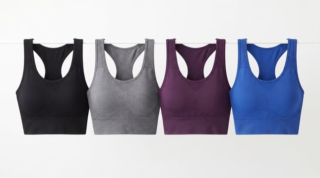 Four different colored athletic sports bras hanging against a white background