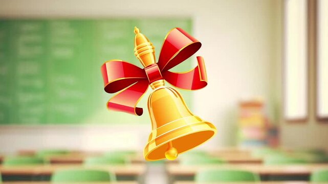 Golden School Bell with Red Ribbon Ringing in Blurred Classroom. Animated Golden School Bell Ringing in Classroom Background