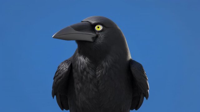 Crow bird looking curious with intense gaze against a bright blue sky
