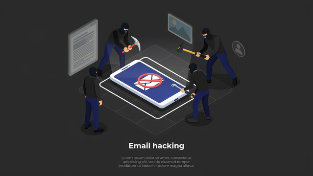 Email hacking concept isometric illustration featuring hackers attacking a smartphone and data security breach cyber crime digital threat technology
