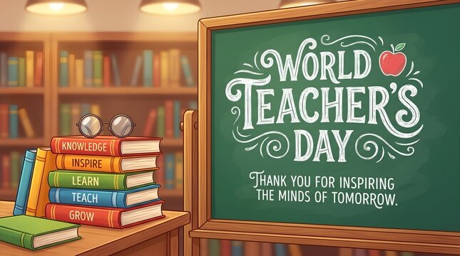 A stack of colorful books with inspirational words next to a chalkboard celebrating world teacher's day with a warm educational classroom background