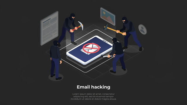 Email hacking concept isometric illustration depicting hackers breaching mobile phone data security with smartphone security cyber crime data breach