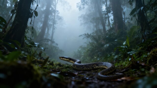 A snake slithers through a misty forest floor covered in moss and foliage, surrounded by tall trees in a dense, foggy woodland.