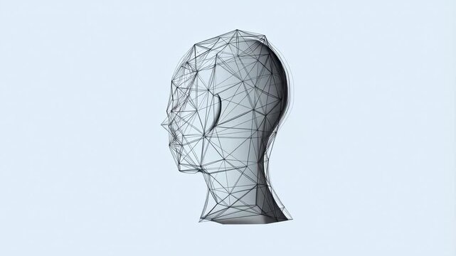 Rotating wireframe 3D model of a human head composed of interconnected lines and nodes on a light blue background. Layered gray and black tones enhance movement and depth.
