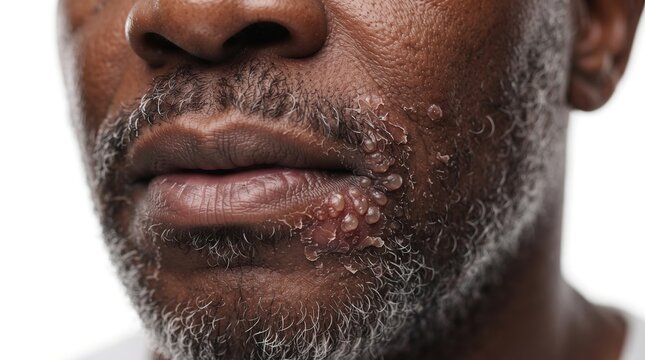 Close up of a Black man's mouth showing a cluster of healing cold sores, herpes simplex virus, and crusts on the lip