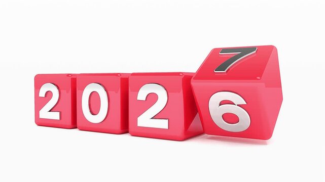 Video animation of black cubes and the years 2026 and 2027 in red on a white background - represents the new year 2027 - vacation concept.