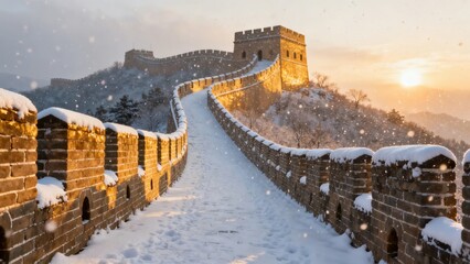 Obraz premium Snow-covered Great Wall of China at sunset with falling snowflakes