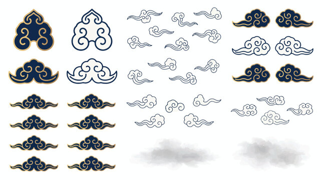 Collection of stylized cloud and cumulus shapes with decorative gold outlines for graphic design projects