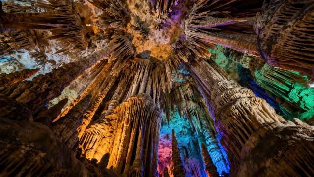 Colorful stalactites and stalagmites in a large underground cave illuminated by vibrant lighting