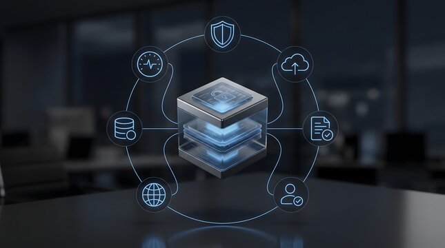 Secure enterprise cloud server infrastructure with integrated digital database icons representing centralized IT networking