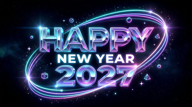 Neon new year 2027 typography with glowing orbital pattern on dark background