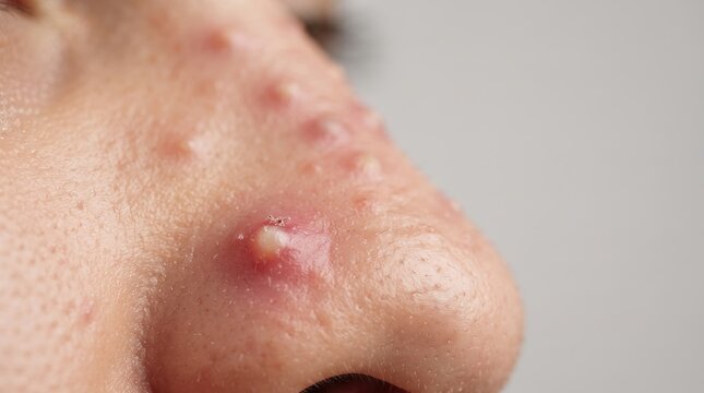 Macro close up of a large inflamed pustule, cystic acne, and infected pimple on a human nose