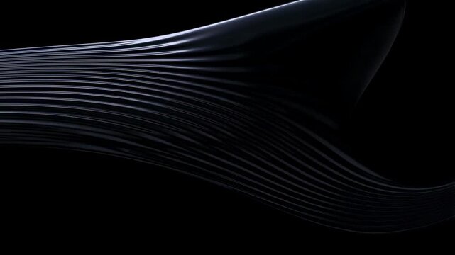Dark curved lines flow and undulate smoothly across a black background with soft glowing edges and subtle gradient shading. Animated texture shows lines and curves with flowing movement.