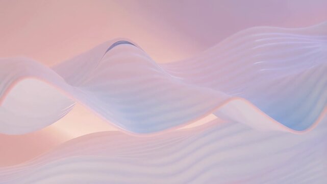 Soft flowing wave-like fabric ribbons undulate smoothly with pastel pink, blue, white, and peach gradients. Smooth animated scene for presentations and visual effects.