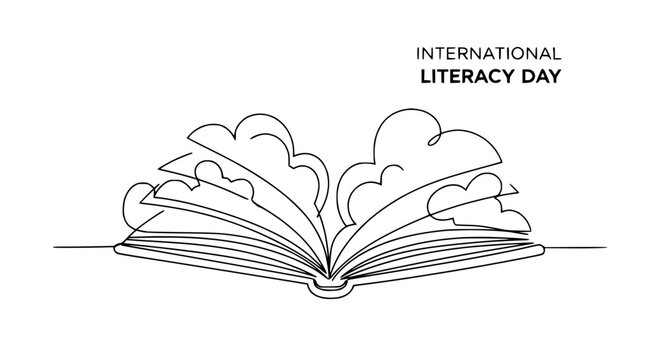 Open Book with Clouds, International Literacy Day, Continuous Line Art