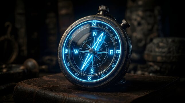 Vintage compass with glowing blue neon light for navigation and direction concept