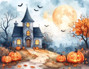 Fototapeta premium Cute Halloween illustration of haunted house and pumpkins, soft colors, children friendly, stock ready
