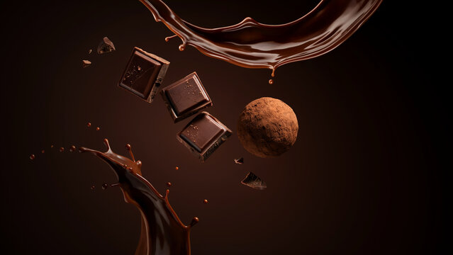 Chocolate splash motion with floating dark chocolate squares and truffle on dark background melted chocolate floating candy sweet dessert